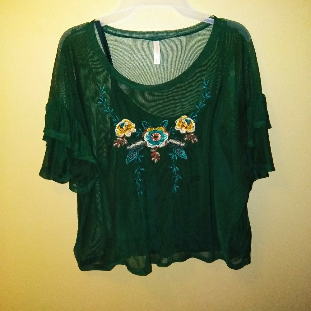 Green flower mesh crop top